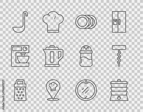 Set line Grater, Slow cooker, Plate, Chef hat with location, Kitchen ladle, Electric kettle, Cutting board and Wine corkscrew icon. Vector
