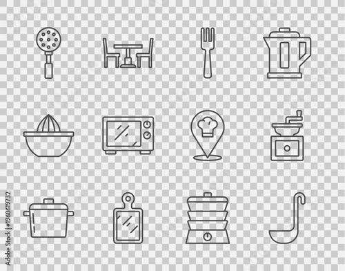 Set line Cooking pot, Kitchen ladle, Fork, Cutting board, Spatula, Microwave oven, Slow cooker and Manual coffee grinder icon. Vector