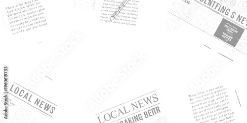 Newspaper clippings with headlines and text in grey and white
