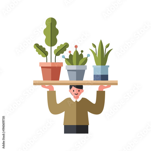 Man holding shelf with potted plants, indoor gardening, home decor, healthy lifestyle