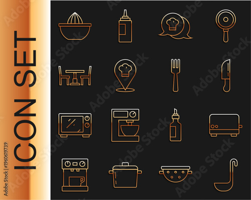 Set line Kitchen ladle, Toaster, Knife, Chef hat in speech bubble, with location, Wooden table chair, Citrus fruit juicer and Fork icon. Vector