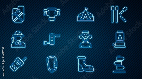 Set line Road traffic sign, Camping lantern, Tourist tent, Swiss army knife, Hunter, Canteen water bottle, African tribe male and buffalo head icon. Vector