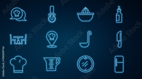 Set line Refrigerator, Knife, Citrus fruit juicer, Chef hat with location, Wooden table chair, in speech bubble, Kitchen ladle and Pizza knife icon. Vector