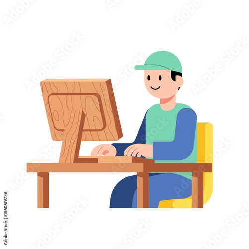 Young man working on computer at desk, flat illustration style