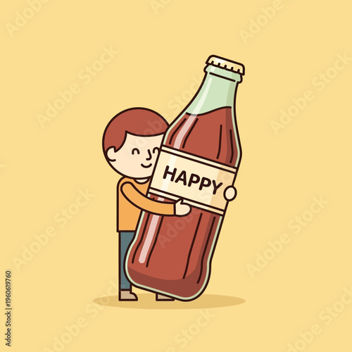 Happy Man Hugging Giant Soda Bottle Labeled Happy