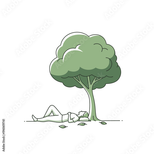 Person resting under a green tree, peaceful outdoor relaxation, nature and tranquility