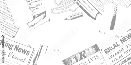 Of newspaper headlines and a pencil on a white background breaking local