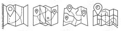 Black and white maps with location pins and dotted route paths