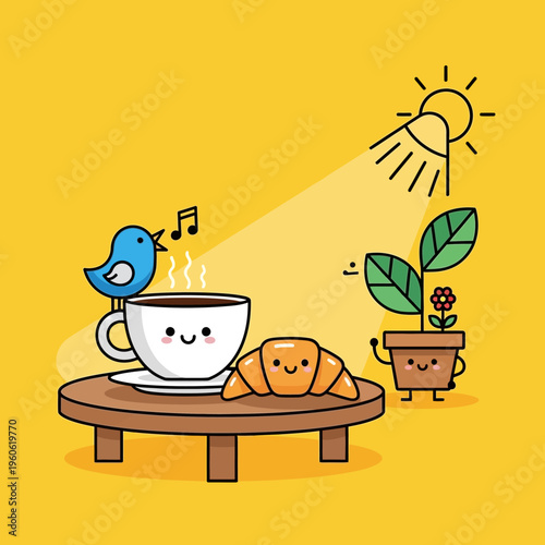 Cute cartoon coffee, croissant, bird, and plant enjoying morning sun, happy breakfast scene