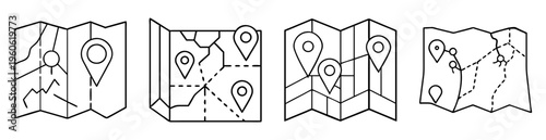 Collection of folded map illustrations with location markers and travel routes