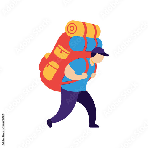 Hiker with large backpack trekking outdoors, adventure travel, camping gear, outdoor activity