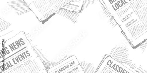 Vintage newspaper pages with headlines breaking news local events and classified ads