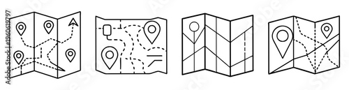 Black and white outline illustration of folded road maps with routes and markers