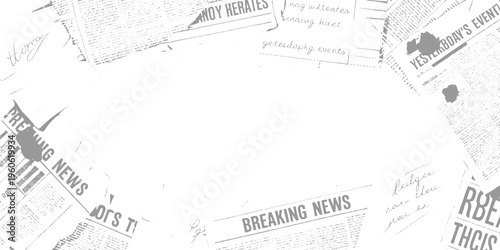 Scattered grey newspaper clippings and handwritten notes on white background text print article