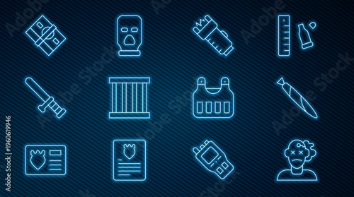 Set line Murder, Marijuana joint, Police electric shocker, Prison window, rubber baton, Stacks paper money cash, Bulletproof vest and Balaclava icon. Vector