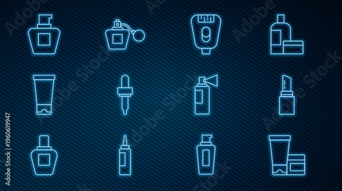 Set line Cream or lotion cosmetic tube, Lipstick, Epilator, Pipette, Perfume and icon. Vector