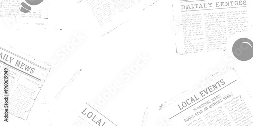 Scattered newspaper clippings with headlines and text in grayscale and white print article
