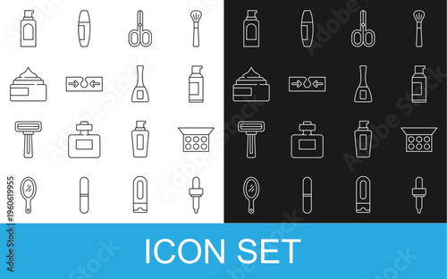 Set line Pipette, Makeup powder with mirror, Spray can for hairspray, Scissors, Acne, Cream lotion cosmetic tube, and Nail polish bottle icon. Vector