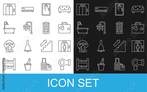 Set line Hair dryer, Lift, Suitcase, Shower cabin, Bathtub with shower, and Hotel building icon. Vector