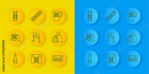 Set line Champagne bottle, Snowflake speech bubble, Glass of champagne, Calendar, Santa Claus bag gift, Ski and sticks, Coffee cup with snowflake and Snowboard icon. Vector