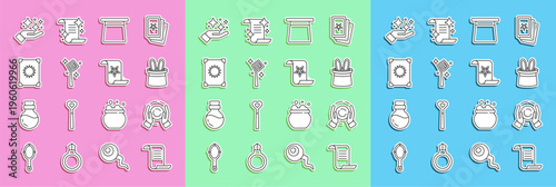 Set line Ancient magic book, Magic ball on hand, Magician hat rabbit ears, staff, Sparkle stars with trick and icon. Vector