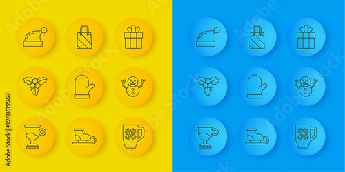 Set line Mulled wine, Branch viburnum, Christmas mitten, Coffee cup with snowflake, snowman, Santa Claus hat, Gift box and shopping bag icon. Vector