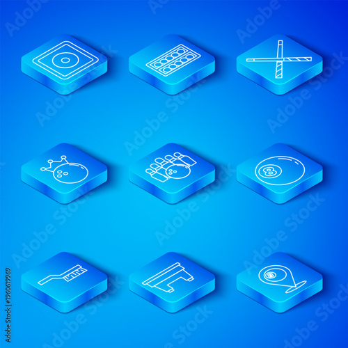 Set line Pool table brush, Bowling pin and ball, Billiard, Crossed billiard cues, chalk and Location with icon. Vector