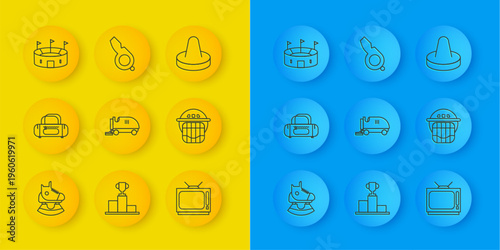 Set line Skates, Sport bag, Ice resurfacer, Retro tv, Hockey helmet, stadium, Mallet for playing air hockey and Whistle icon. Vector