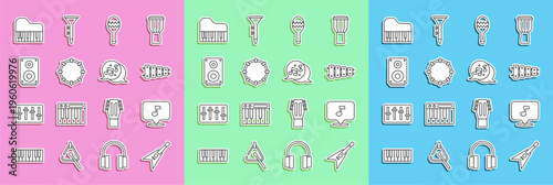 Set line Electric bass guitar, Music note, tone, Xylophone, Maracas, Tambourine, Stereo speaker, Grand piano and icon. Vector