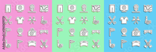 Set line Crossed golf club with ball, Glasses, Golf, on tee, shirt, pants and flag icon. Vector