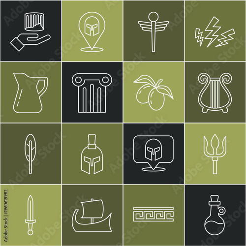 Set line Bottle of olive oil, Neptune Trident, Ancient lyre, Caduceus snake medical, column, and Olives branch icon. Vector