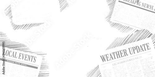 Torn newspaper pages with headlines local events and weather update in grey and white