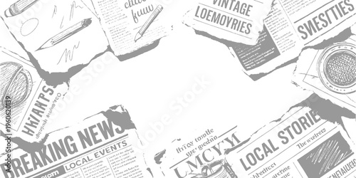 Torn grey newspaper fragments with pencil of writing tools and headlines white