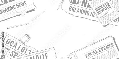 Scattered vintage newspapers with headlines like breaking news local events and local gig and pencils