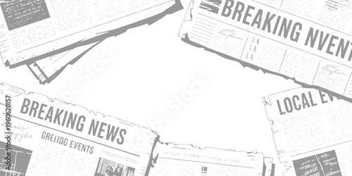 Overlapping grey newspapers with headlines breaking news and local events