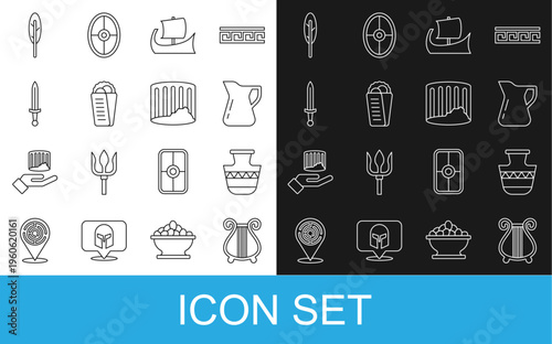 Set line Ancient lyre, amphorae, Bottle of olive oil, Greek trireme, Gyros Pita, Medieval sword, Feather pen and column icon. Vector