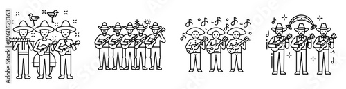 Linear illustrations of mariachi musicians playing instruments like guitars and flutes