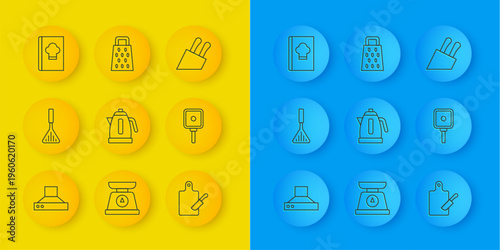 Set line Kitchen extractor fan, Barbecue spatula, Electric kettle, Cutting board and knife, Frying pan, Cookbook, Knife and Grater icon. Vector