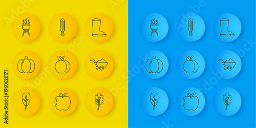 Set line Leaf or leaves, Pumpkin, Peach fruit, Wheelbarrow with dirt, Barbecue grill, Waterproof rubber boot and Meteorology thermometer icon. Vector