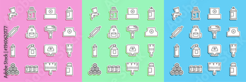 Set line Paint, gouache, jar, dye, brush, Spray can nozzle cap, School backpack, Marker pen, spray gun and roller icon. Vector