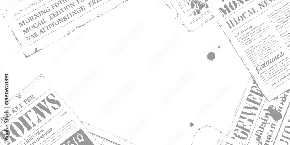 Obraz premium Faded grey newspaper clippings with large bold text and small print scattered across a white background