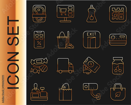 Set line Shopping bag with recycle, Jam jar, Credit card, Sauce bottle, Mop and bucket, Percent discount mobile, Meat packaging steak and Fire exit icon. Vector