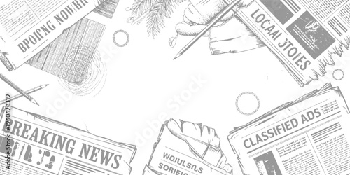 Vintage newspapers with breaking news classified ads and local stories scattered on white background with pencils and plant sprigs