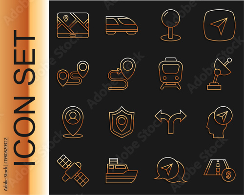 Set line Toll road traffic sign, Location with person, Radar, Push pin, Route location, City map navigation and Train icon. Vector