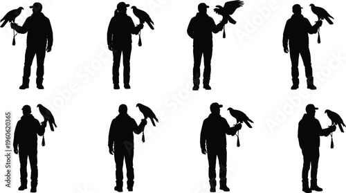 Professional collection of black falconer silhouettes featuring men and women trainers holding majestic hawks and eagles on their gloved hands for falconry sport.