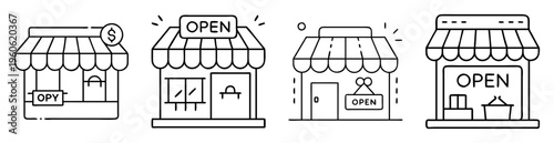 Four different outlined store fronts with awnings and open signs illustration