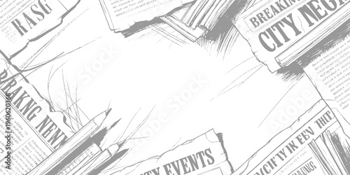 Torn newspaper pages with bold headlines and scribbled lines create a chaotic news collage breaking