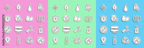 Set line No meat, Organic cosmetic, Leaf or leaves, Pear, Facial mask, Vegan food diet, and Potato icon. Vector
