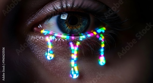 Rainbow Color Tears on human eye digital art featuring surreal vision and macro detail for emotional expression creative design concept