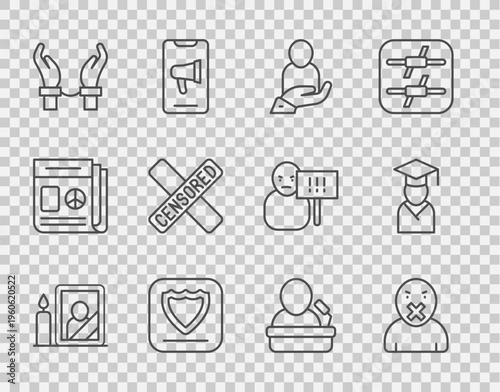 Set line Mourning photo frame, Censor and freedom of speech, Life insurance hand, Shield, Handcuffs on hands criminal, Censored stamp, Speaker and Graduate graduation cap icon. Vector